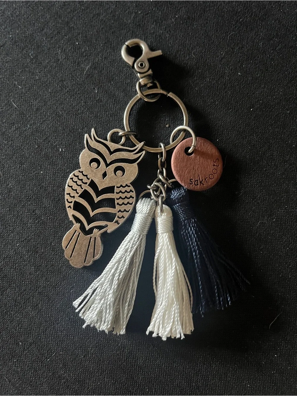 Sakroots Navy & Cream Owl Tassel Keychain